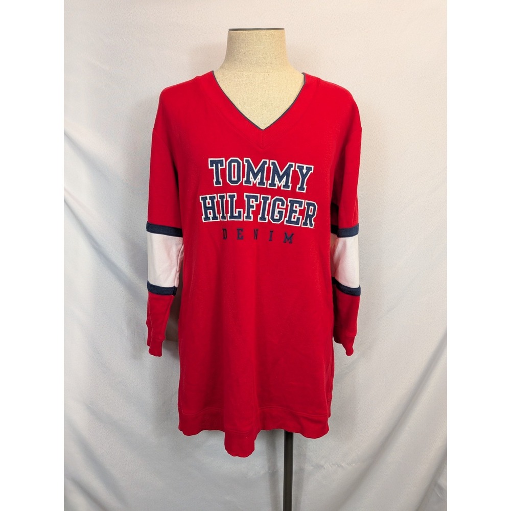 Tommy Hilfiger Denim Sweatshirt Dress L Red Spellout V-Neck Varsity Pockets